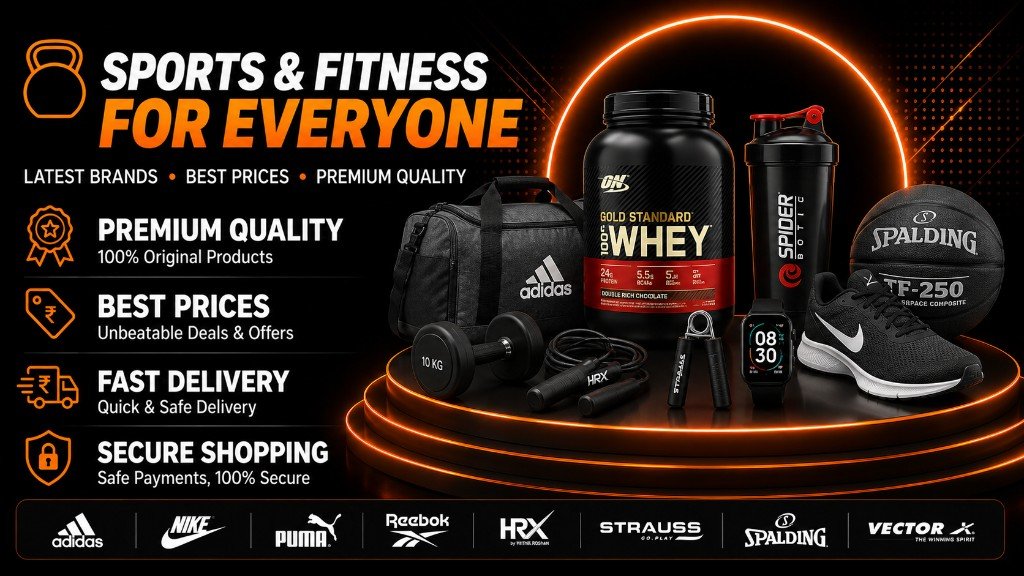 Sports and fitness gear — shoes, dumbbells, protein and activewear
